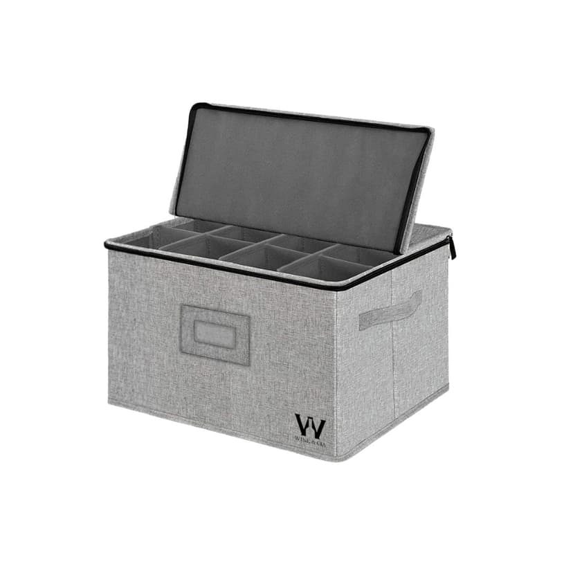 Bolsa de Armazenamento Para 12 Taças de Vinho, Mala de Transportar e Proteger Taças de Vinho Tinto ou Branco, Copos de Vidro ou Cristal, Parte Superior Rígida, Laterais e Divisorias com Espuma Cinza