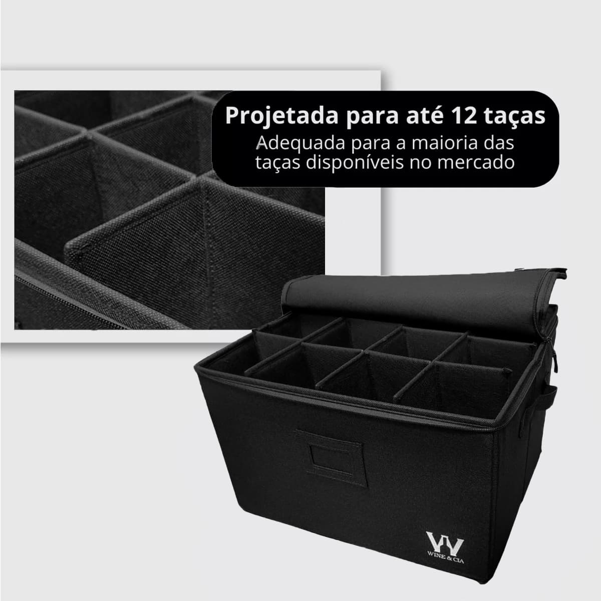 Bolsa de Armazenamento Para 12 Taças de Vinho, Mala de Transportar e Proteger Taças de Vinho Tinto ou Branco, Copos de Vidro ou Cristal, Parte Superior Rígida, Laterais e Divisorias com Espuma Preta