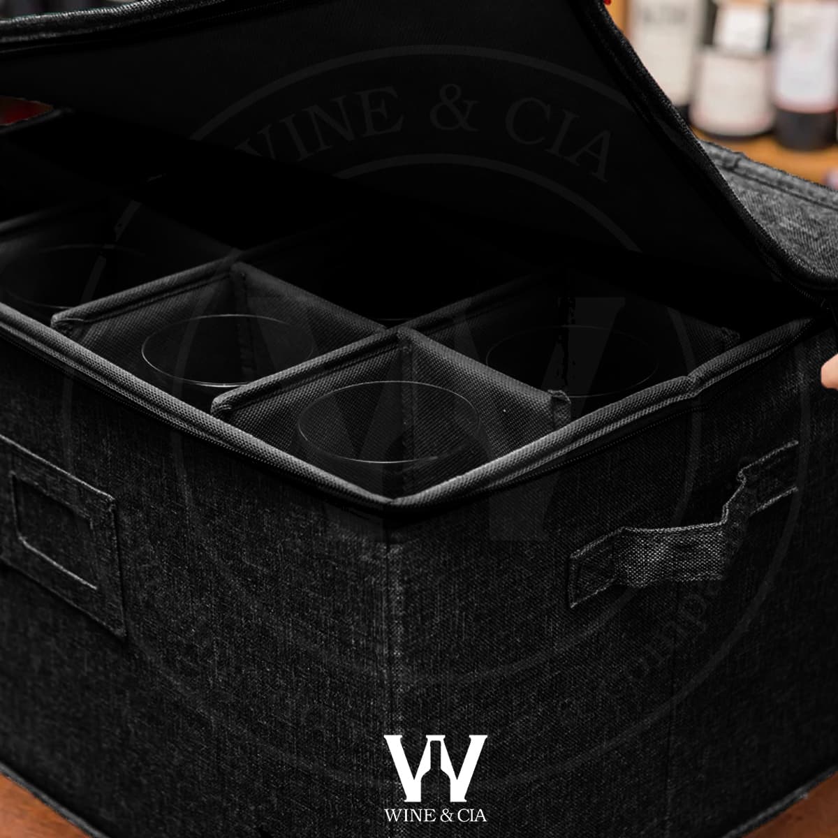 Bolsa de Armazenamento Para 12 Taças de Vinho, Mala de Transportar e Proteger Taças de Vinho Tinto ou Branco, Copos de Vidro ou Cristal, Parte Superior Rígida, Laterais e Divisorias com Espuma Preta