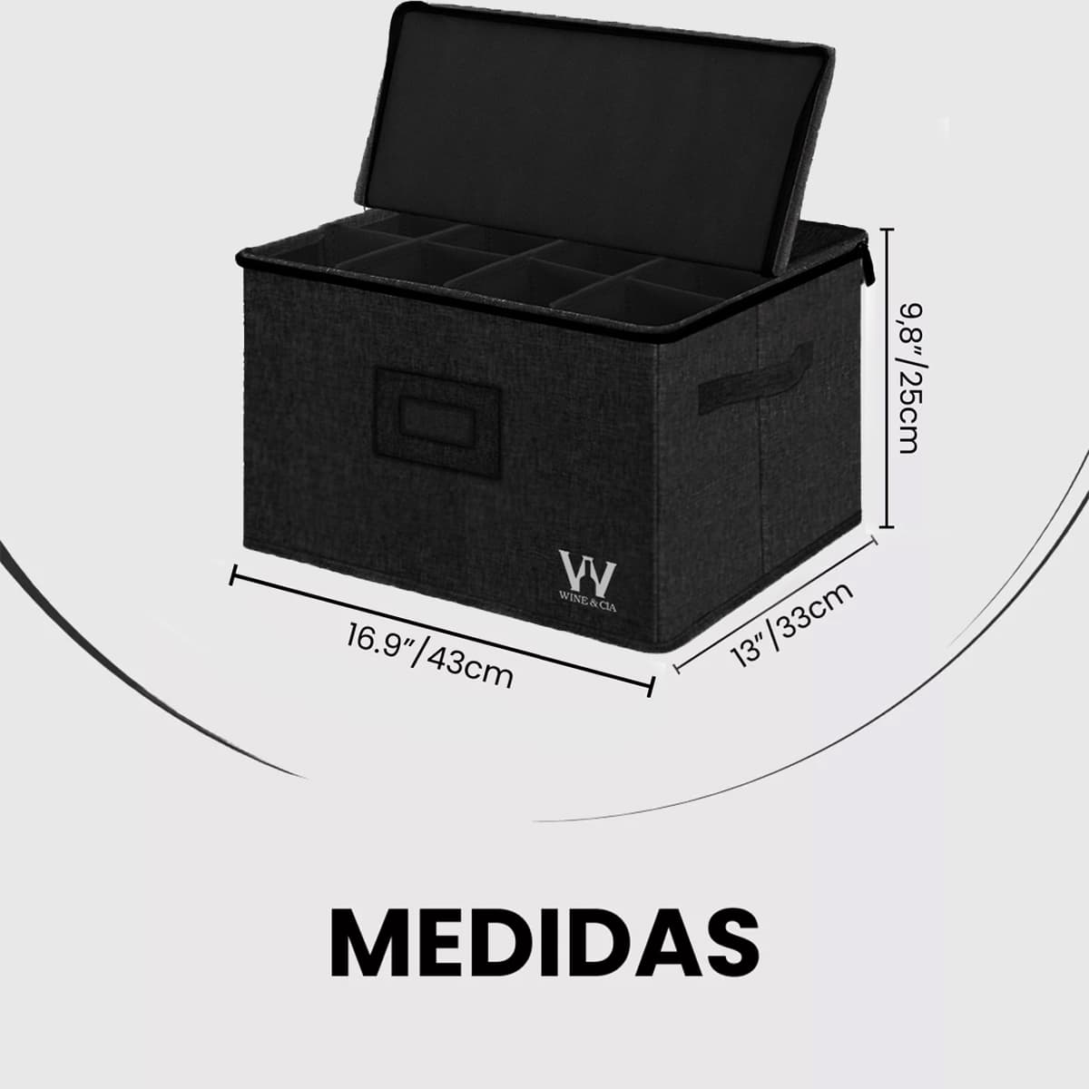 Bolsa de Armazenamento Para 12 Taças de Vinho, Mala de Transportar e Proteger Taças de Vinho Tinto ou Branco, Copos de Vidro ou Cristal, Parte Superior Rígida, Laterais e Divisorias com Espuma Preta