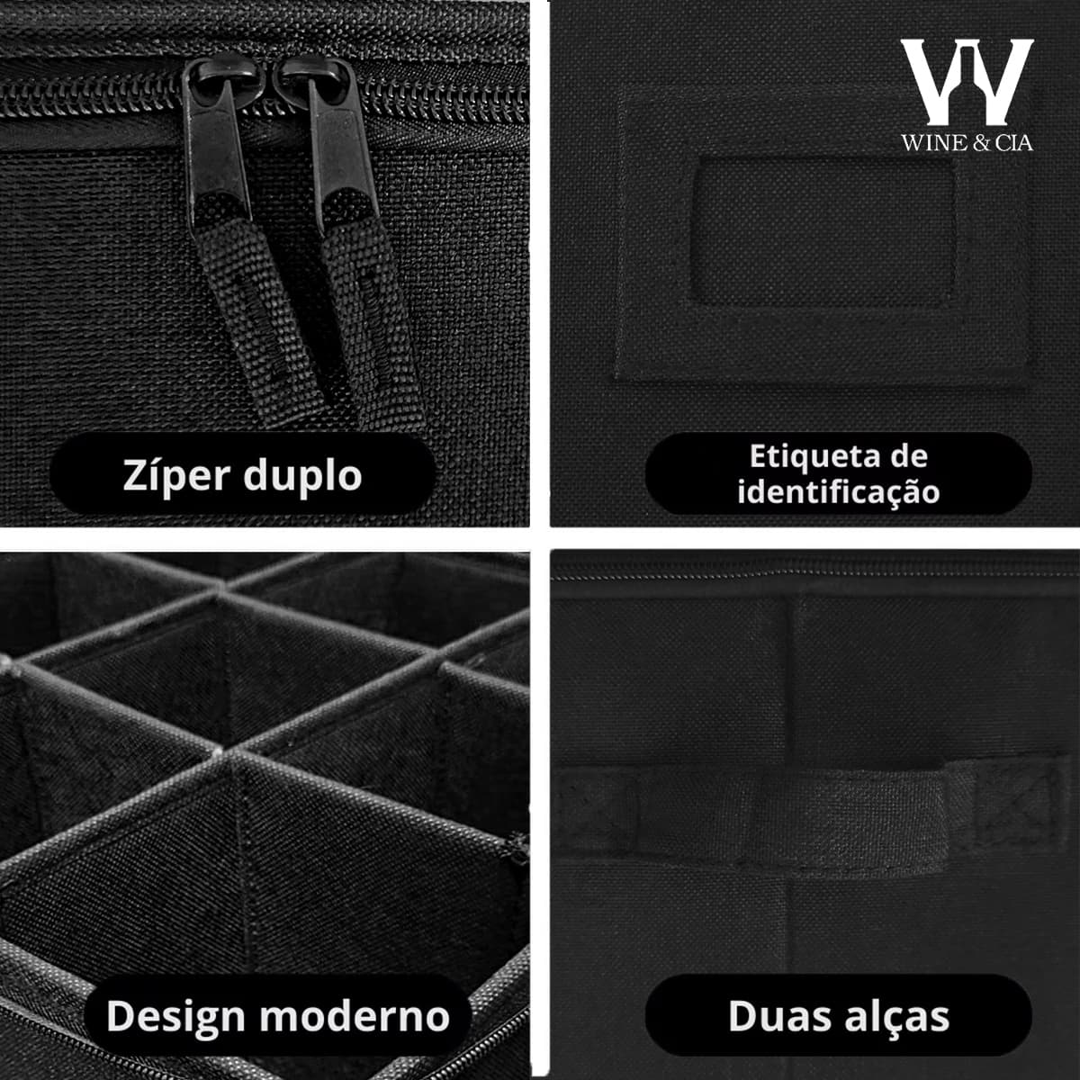 Bolsa de Armazenamento Para 12 Taças de Vinho, Mala de Transportar e Proteger Taças de Vinho Tinto ou Branco, Copos de Vidro ou Cristal, Parte Superior Rígida, Laterais e Divisorias com Espuma Preta