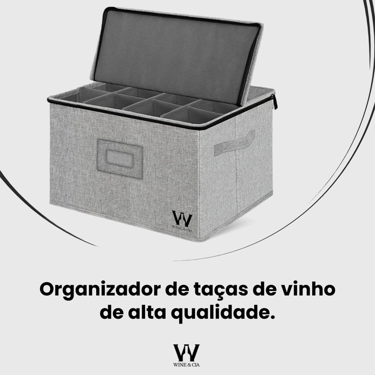 Bolsa de Armazenamento Para 12 Taças de Vinho, Mala de Transportar e Proteger Taças de Vinho Tinto ou Branco, Copos de Vidro ou Cristal, Parte Superior Rígida, Laterais e Divisorias com Espuma Cinza