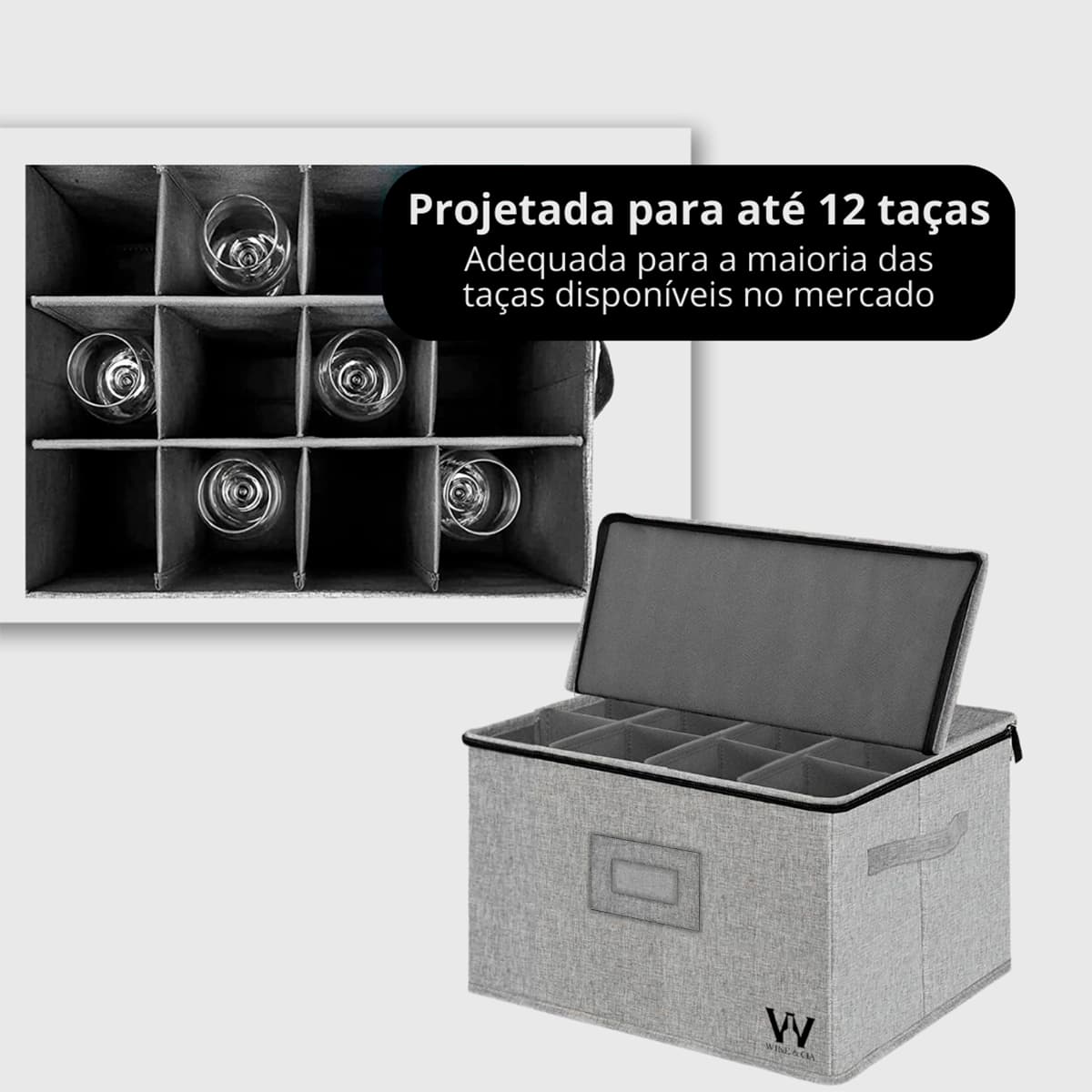 Bolsa de Armazenamento Para 12 Taças de Vinho, Mala de Transportar e Proteger Taças de Vinho Tinto ou Branco, Copos de Vidro ou Cristal, Parte Superior Rígida, Laterais e Divisorias com Espuma Cinza